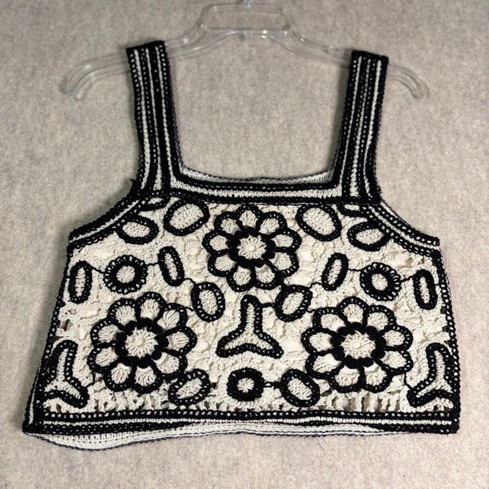 Rebellion Again Crochet Crop Top Womens XS Cream Black Cotton Boho Festival Tank
